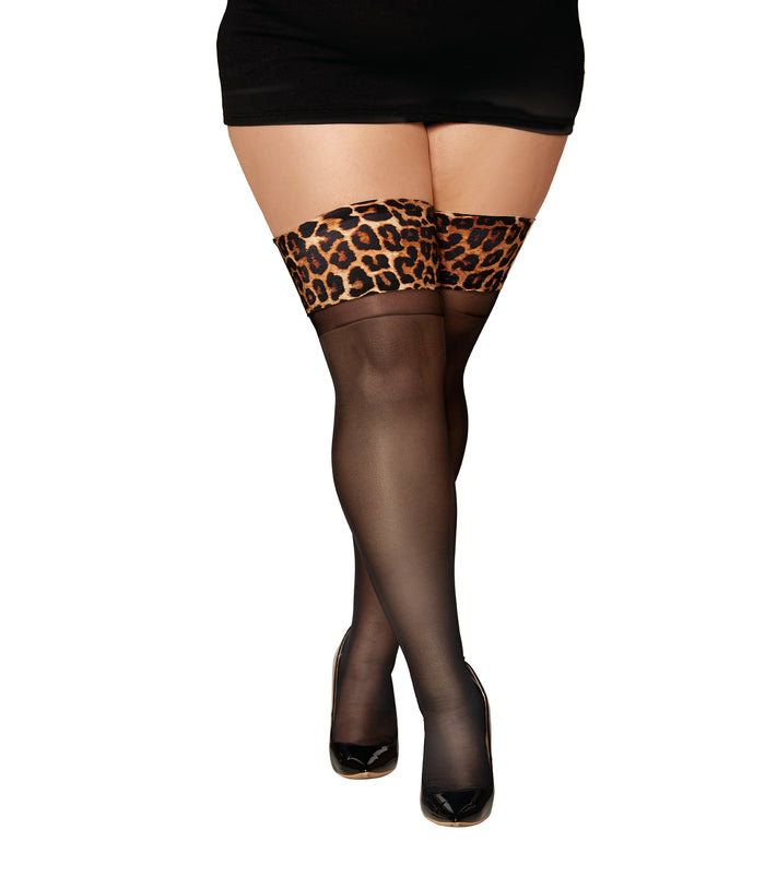 Plus Size Leopard Print Sheer Thigh High with Silicone top