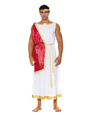 Caesar costume Knit toga with attached satin cape and jacquard ribbon trim